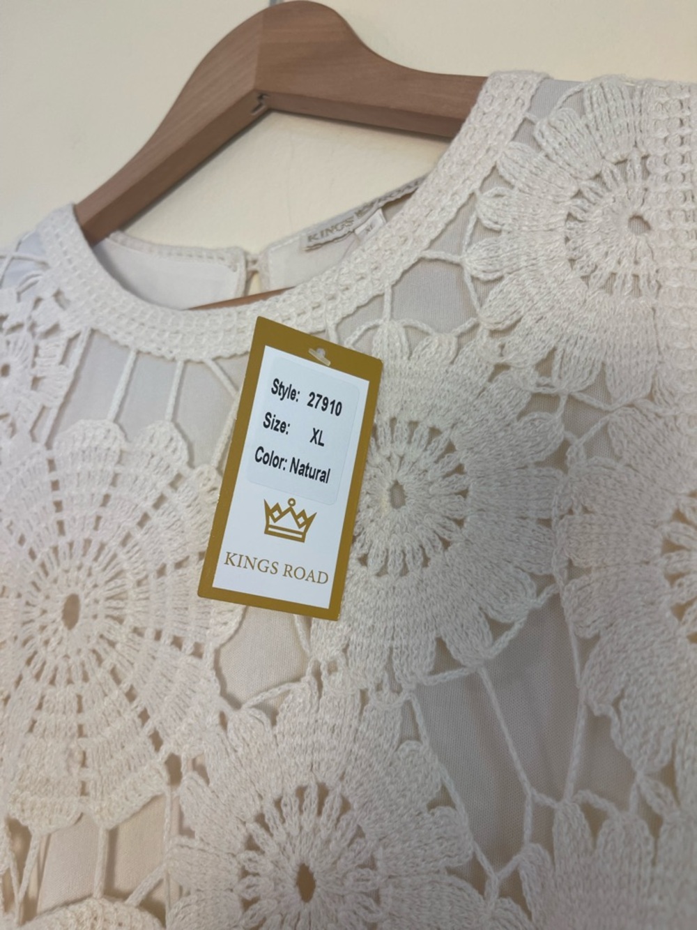 Boho Ivory Crochet Lace Shift Dress XL Lined Open Knit Coastal Wedding Guest - Picture 9 of 14